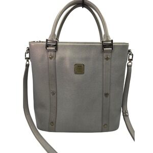 MCM Tote Bag Handbag Shoulder Bag Silver Leather Satchel Purse Designer